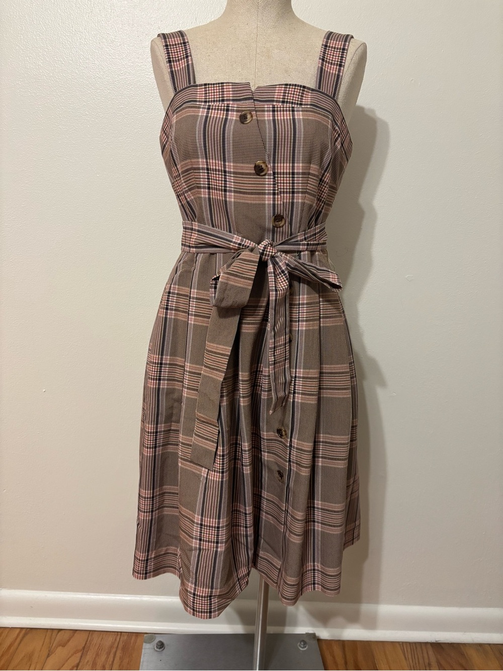 Gal Meets Glam Brown and Pink Plaid Midi Dress with Tie Waist